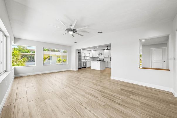 Empty room, Interior, Kitchen, Pendant Lights, Recessed Lighting, Wood Texture Flooring