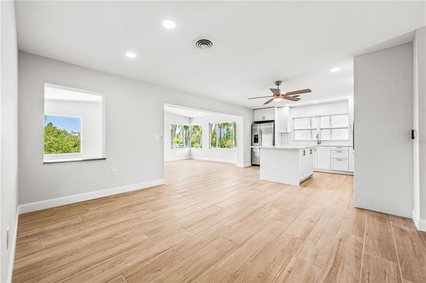 Empty room, Interior, Kitchen, Recessed Lighting, Wood Texture Flooring