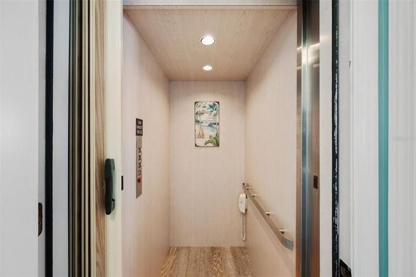 Elevator, Interior, Recessed Lighting, Wooden Ceilings, Wood Texture Flooring, Wooden Walls