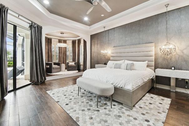 Bedroom, Interior, Pendant Lights, Recessed Lighting, Wood Texture Flooring