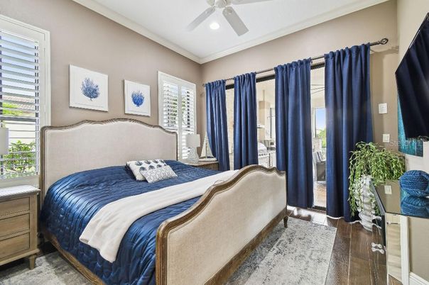 Bedroom, Interior, Recessed Lighting, Wood Texture Flooring