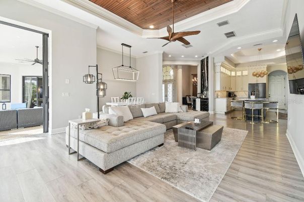 Interior, Kitchen, Living room, Pendant Lights, Recessed Lighting, Stainless Steel Appliances, Wooden Ceilings, Wood Texture Flooring