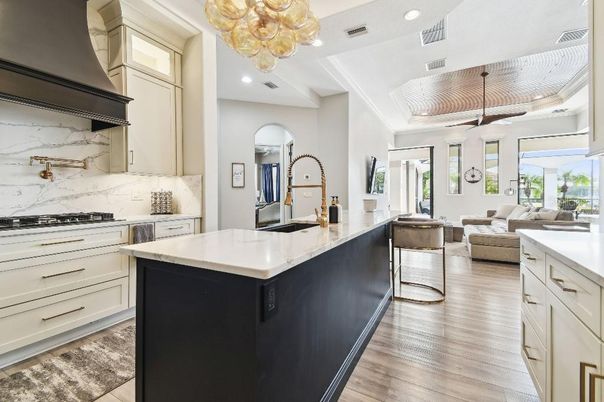 Chandelier, Interior, Kitchen, Living room, Marble Walls, Recessed Lighting, Wood Texture Flooring