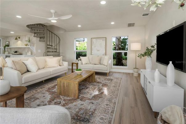 Interior, Kitchen, Living room, Recessed Lighting, Wood Texture Flooring