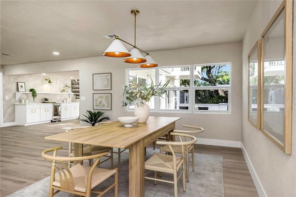 Dining room, Interior, Kitchen, Pendant Lights, Recessed Lighting, Wood Texture Flooring