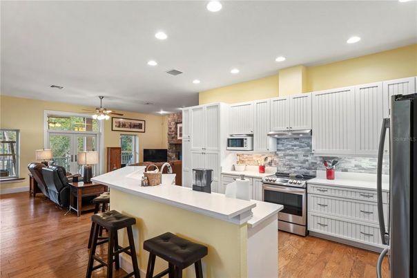 Interior, Kitchen, Living room, Recessed Lighting, Stainless Steel Appliances, Wood Texture Flooring