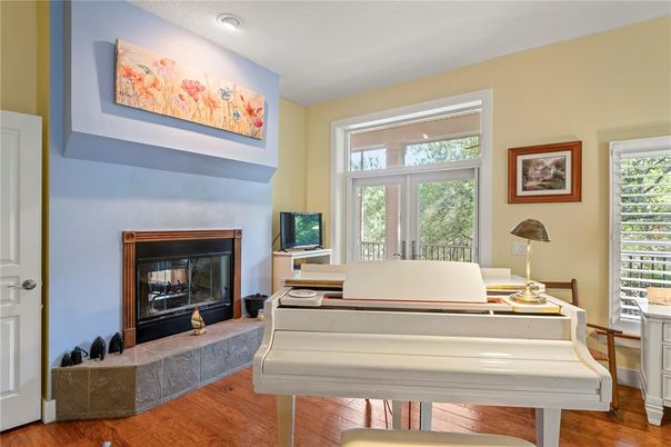 Fireplace, Home Office, Interior, Piano, Recessed Lighting, Wood Texture Flooring