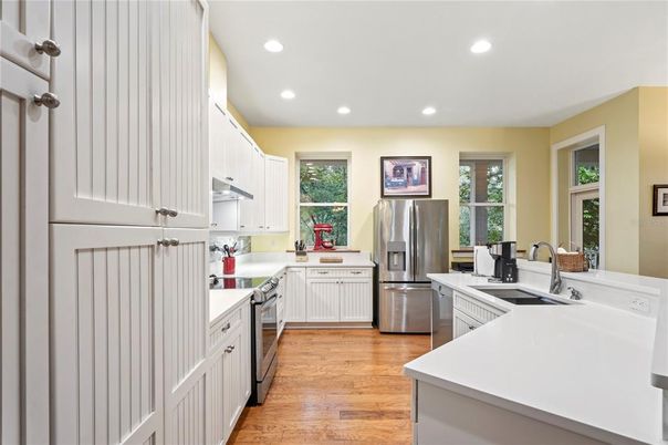 Interior, Kitchen, Recessed Lighting, Stainless Steel Appliances, Wood Texture Flooring