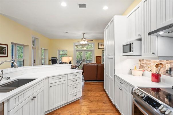 Interior, Kitchen, Living room, Recessed Lighting, Stainless Steel Appliances, Wood Texture Flooring