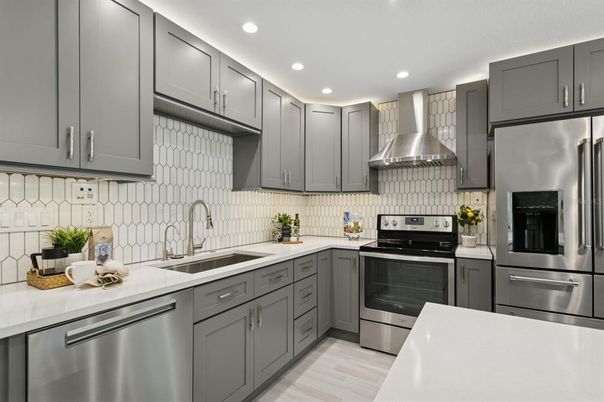 Interior, Kitchen, Recessed Lighting, Stainless Steel Appliances, Wood Texture Flooring