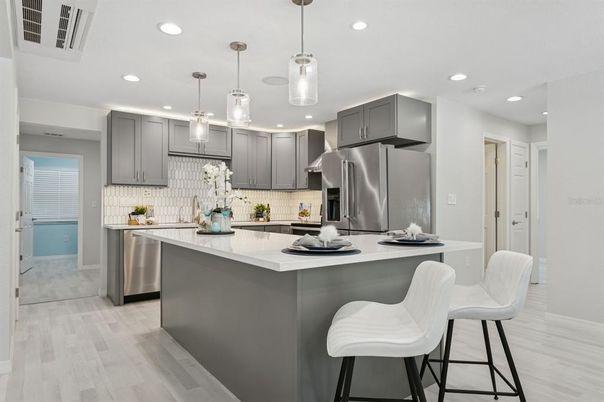 Interior, Kitchen, Pendant Lights, Recessed Lighting, Stainless Steel Appliances, Wood Texture Flooring