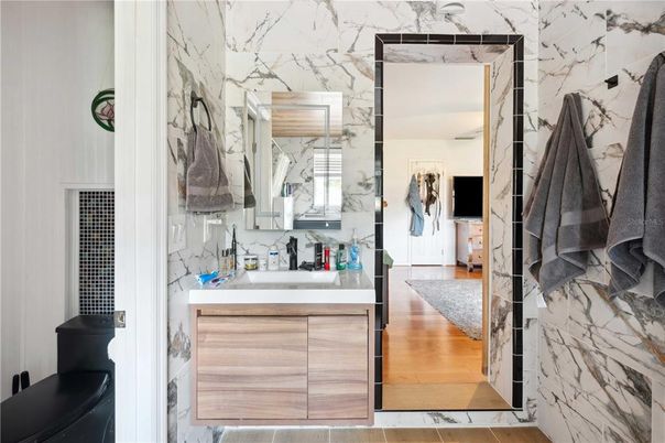 Bathroom, Interior, Marble Walls, Wood Texture Flooring