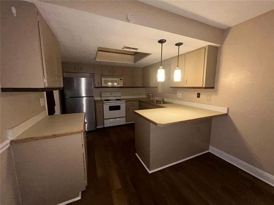 Interior, Kitchen, Pendant Lights, Stainless Steel Appliances, Wood Texture Flooring