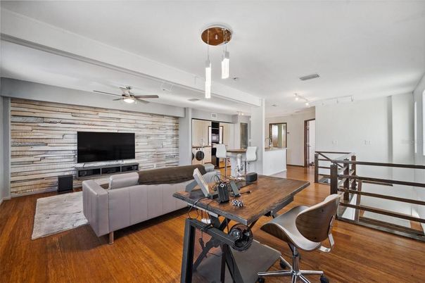 Dining room, Interior, Living room, Pendant Lights, Stone Walls, Wood Texture Flooring