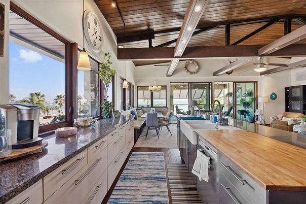 Chandelier, Dining room, Interior, Kitchen, Living room, Recessed Lighting, Wooden Beams, Wooden Ceilings, Wood Texture Flooring