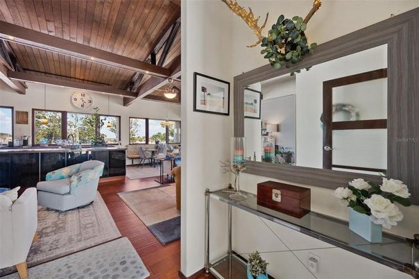 Dining room, Interior, Living room, Pendant Lights, Wooden Beams, Wooden Ceilings, Wood Texture Flooring