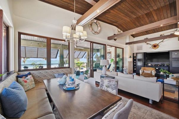 Chandelier, Dining room, Fireplace, Interior, Living room, Pendant Lights, Recessed Lighting, Wooden Beams, Wooden Ceilings, Wood Texture Flooring