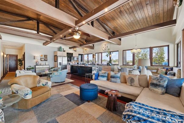 Dining room, Interior, Kitchen, Living room, Pendant Lights, Stainless Steel Appliances, Wooden Beams, Wooden Ceilings, Wood Texture Flooring