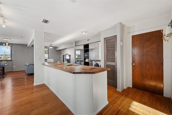 Interior, Kitchen, Pendant Lights, Stainless Steel Appliances, Wood Texture Flooring