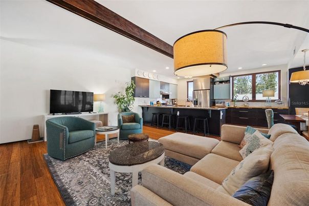 Dining room, Interior, Kitchen, Living room, Pendant Lights, Recessed Lighting, Stainless Steel Appliances, Wood Texture Flooring