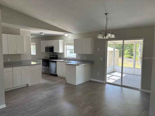 Chandelier, Interior, Kitchen, Pendant Lights, Wood Texture Flooring