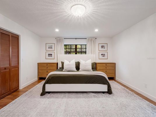 Bedroom, Interior, Recessed Lighting, Wood Texture Flooring