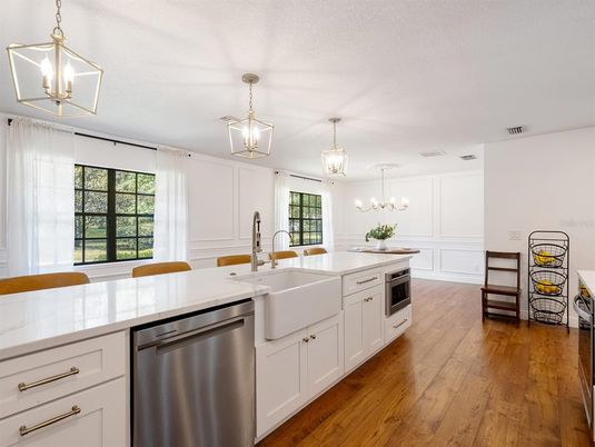 Interior, Kitchen, Pendant Lights, Stainless Steel Appliances, Wood Texture Flooring