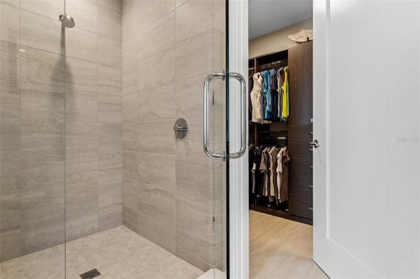 Bathroom, Glass Shower, Interior, Walk-in Closets, Wood Texture Flooring