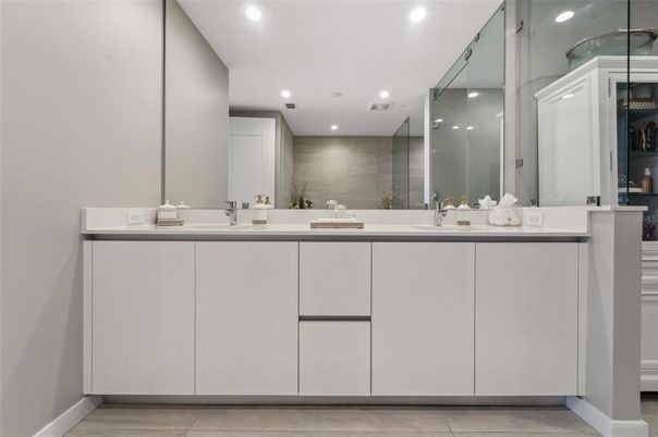 Bathroom, Dual Sink Vanities, Glass Shower, Interior, Recessed Lighting