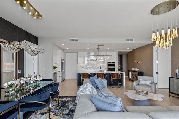 Dining room, Interior, Kitchen, Living room, Pendant Lights, Recessed Lighting, Stainless Steel Appliances, Wood Texture Flooring
