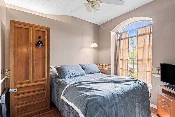 Bedroom, Interior, Pendant Lights, Wood Texture Flooring