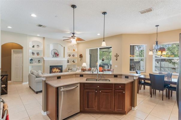 Dining room, Fireplace, Interior, Kitchen, Living room, Pendant Lights, Recessed Lighting