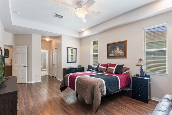 Bedroom, Interior, Recessed Lighting, Wood Texture Flooring