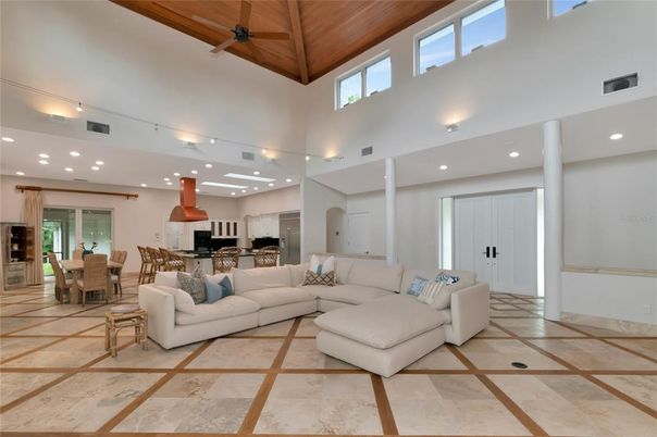 Dining room, Interior, Kitchen, Living room, Recessed Lighting, Stainless Steel Appliances, Wooden Ceilings