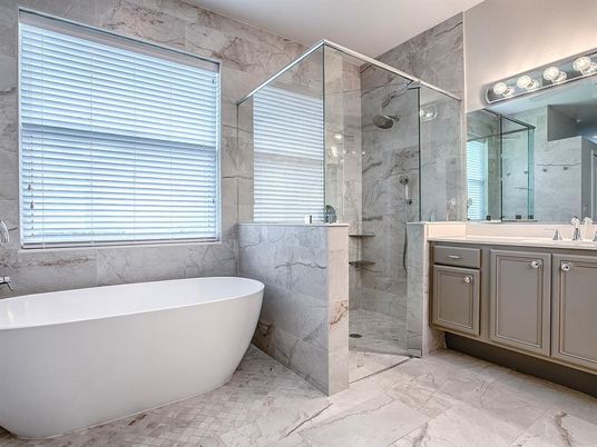 Bathroom, Free Standing Baths, Glass Shower, Interior, Marble, Marble Walls