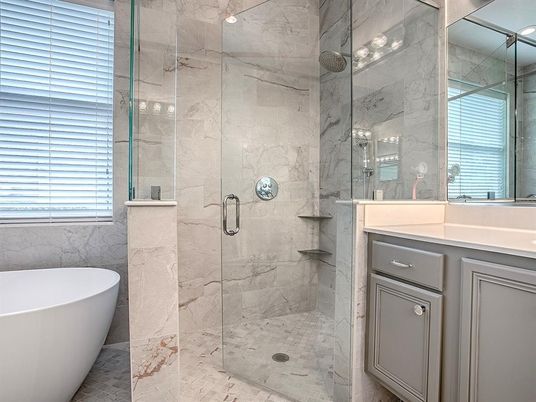 Bathroom, Free Standing Baths, Glass Shower, Interior, Marble Walls