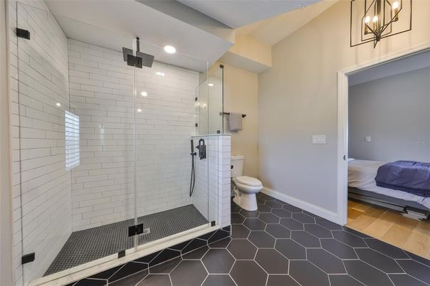 Bathroom, Glass Shower, Interior, Recessed Lighting, Wood Texture Flooring