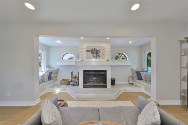 Fireplace, Interior, Living room, Recessed Lighting, Wood Texture Flooring