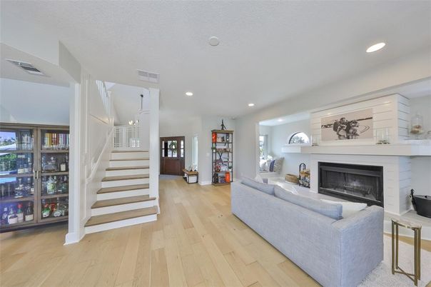 Fireplace, Interior, Living room, Pendant Lights, Recessed Lighting, Wood Texture Flooring