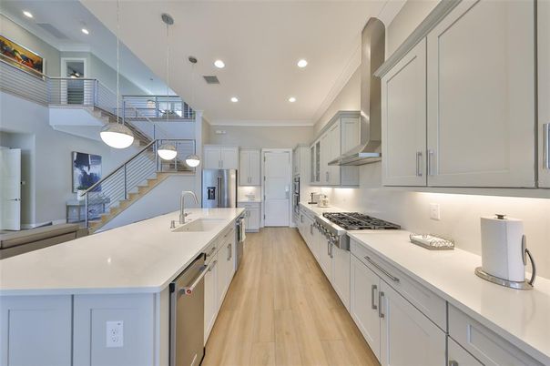 Interior, Kitchen, Pendant Lights, Recessed Lighting, Stainless Steel Appliances, Wood Texture Flooring
