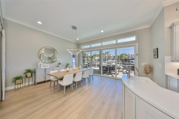 Dining room, Interior, Recessed Lighting, Wood Texture Flooring
