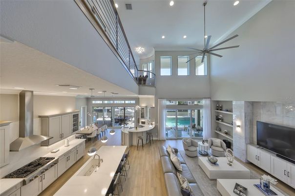 Dining room, Fireplace, Interior, Kitchen, Living room, Pendant Lights, Recessed Lighting, Wood Texture Flooring