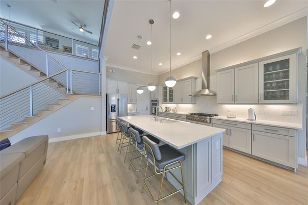 Interior, Kitchen, Pendant Lights, Recessed Lighting, Stainless Steel Appliances, Wood Texture Flooring