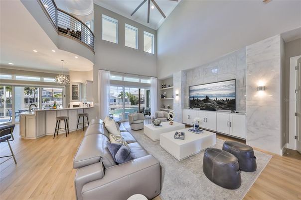 Interior, Kitchen, Living room, Marble Walls, Pendant Lights, Recessed Lighting, Wood Texture Flooring
