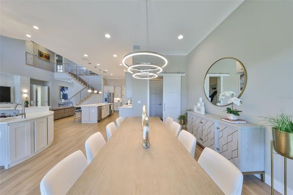 Dining room, Interior, Kitchen, Pendant Lights, Recessed Lighting, Wood Texture Flooring