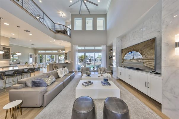 Dining room, Fireplace, Interior, Kitchen, Living room, Marble Walls, Pendant Lights, Recessed Lighting, Wood Texture Flooring