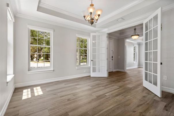Chandelier, Empty room, Interior, Pendant Lights, Wood Texture Flooring