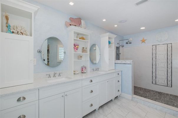 Bathroom, Dual Sink Vanities, Interior, Marble, Recessed Lighting