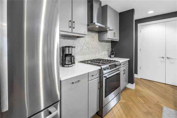Interior, Kitchen, Recessed Lighting, Stainless Steel Appliances, Wood Texture Flooring