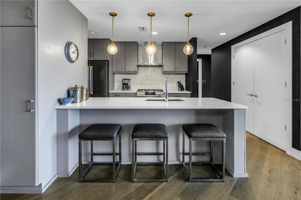 Interior, Kitchen, Pendant Lights, Recessed Lighting, Stainless Steel Appliances, Wood Texture Flooring
